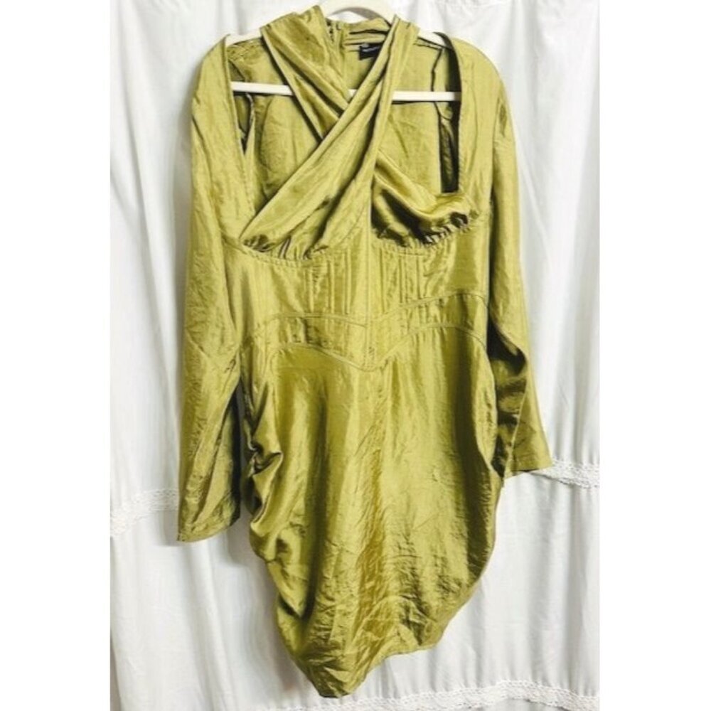 PrettyLittleThing Olive Satin Draped Long Sleeve Dress